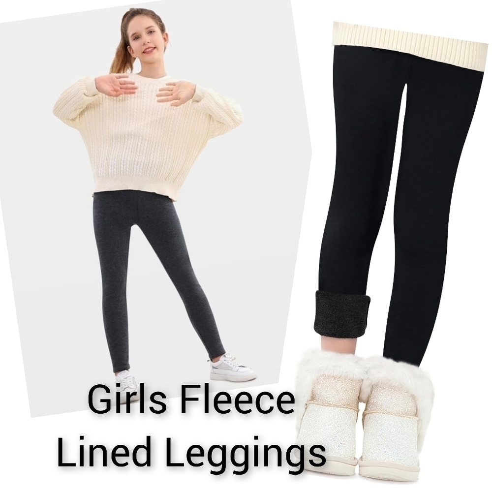 Girls Fleece-Lined Leggings ◇ Black ◇ Thick & Warm ◇ High Waist ◇ Size 180=13/14